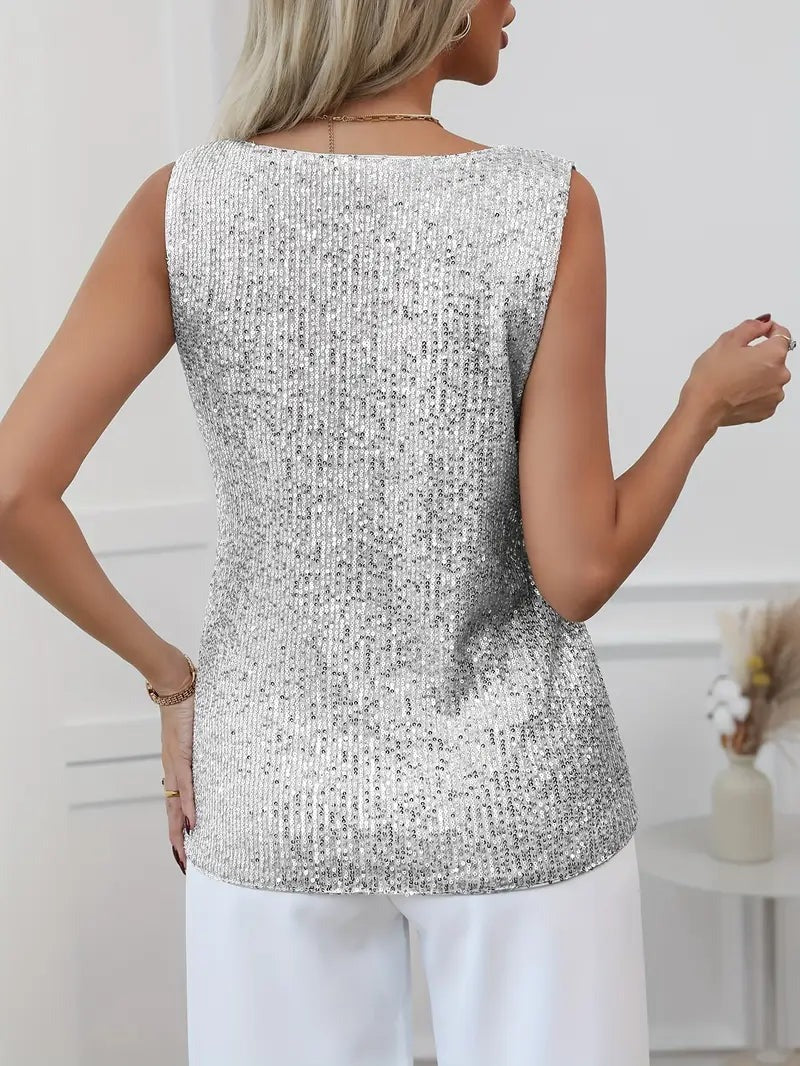 Women's Sparkling V-Neck Top Sleeveless Elegant Evening Blouse