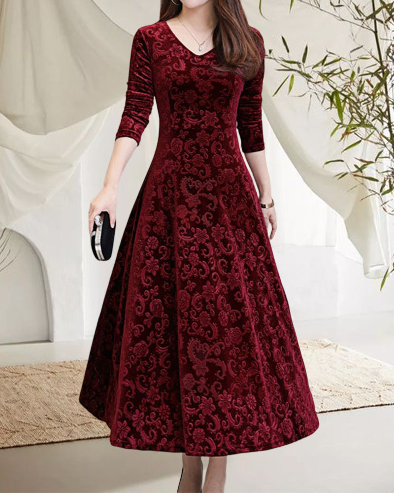 Chelsea - Women's Velvet Midi Dress with A Line Skirt