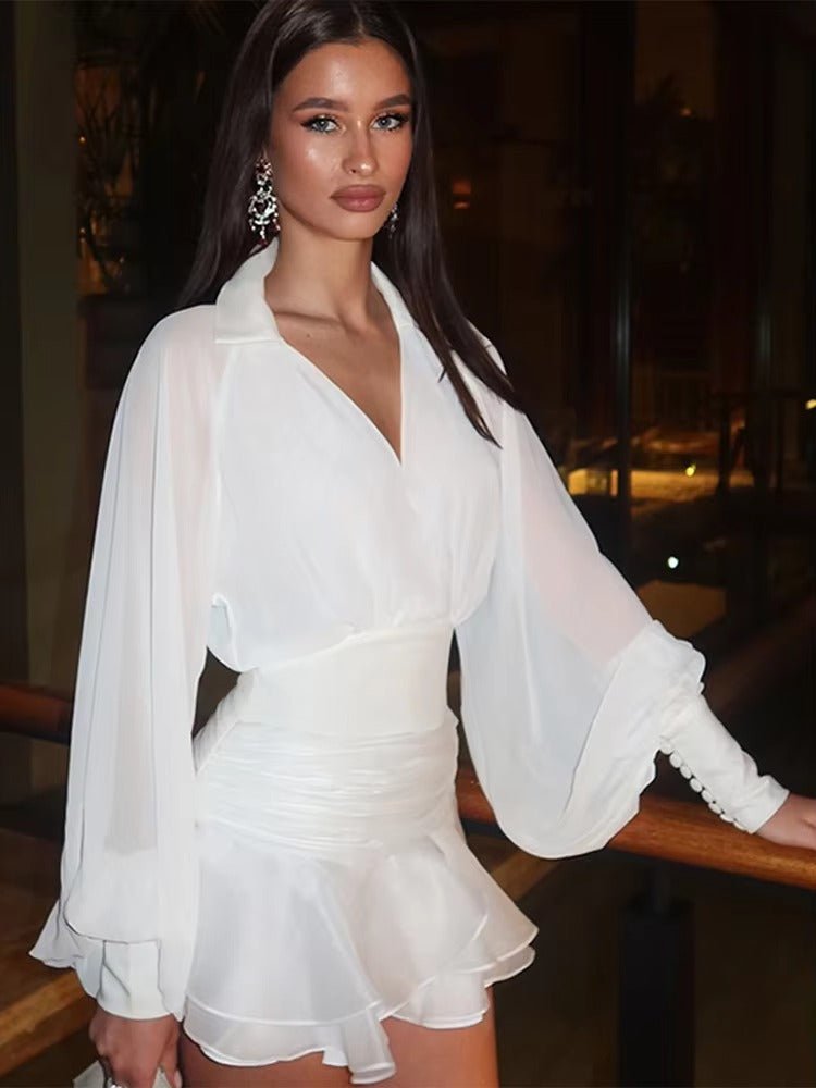 Lillian - Abito bianco da donna in chiffon con volant per invitata a un matrimonio