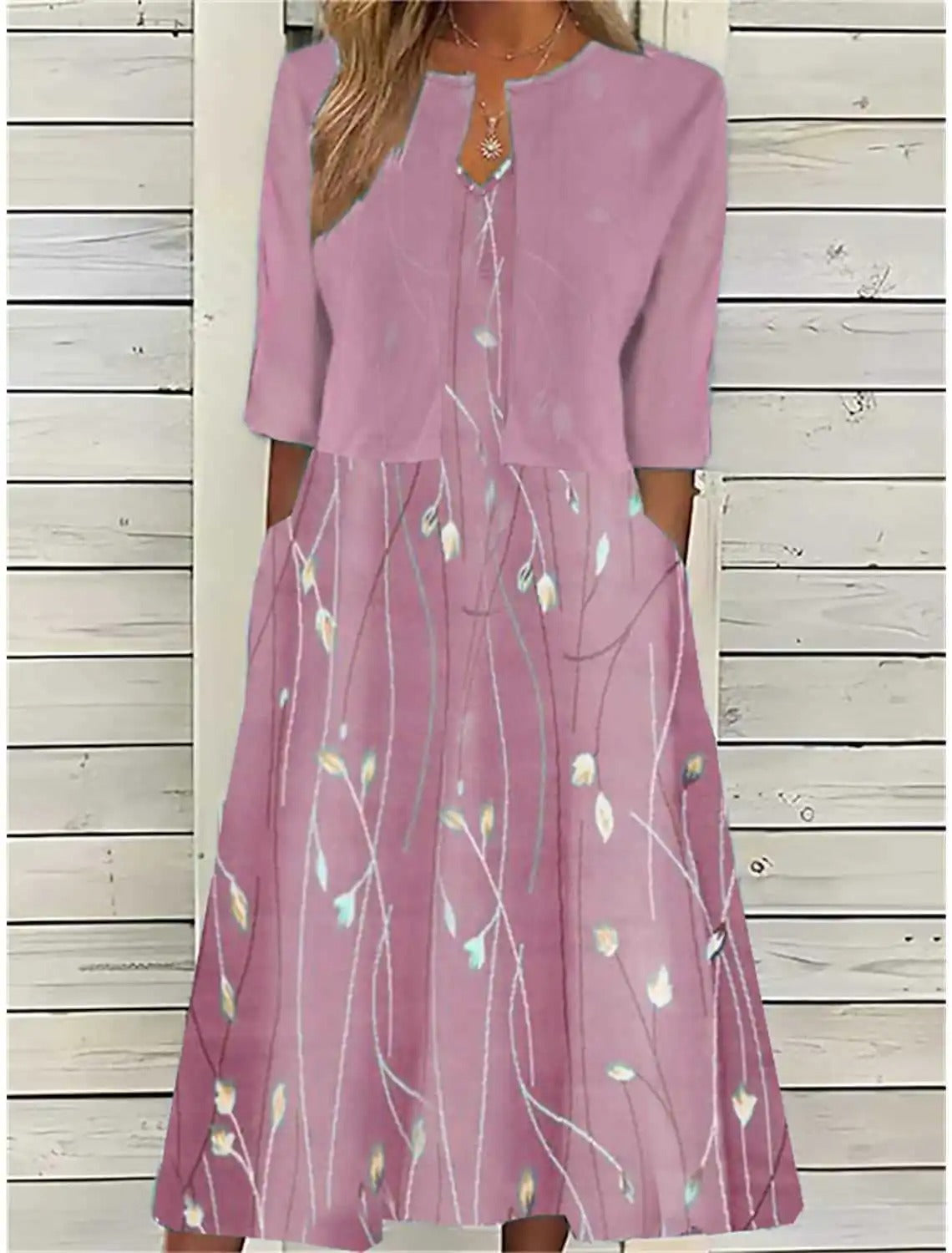 Mia - Women's Floral Cotton Blend Midi Dress with Pockets - photo 2
