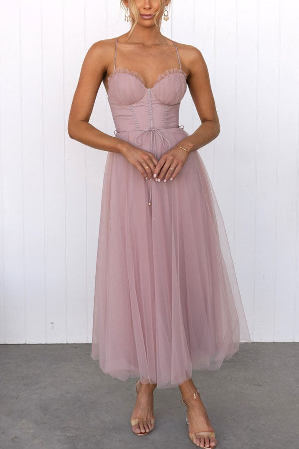 Women's Tulle Midi Dress with Spaghetti Straps