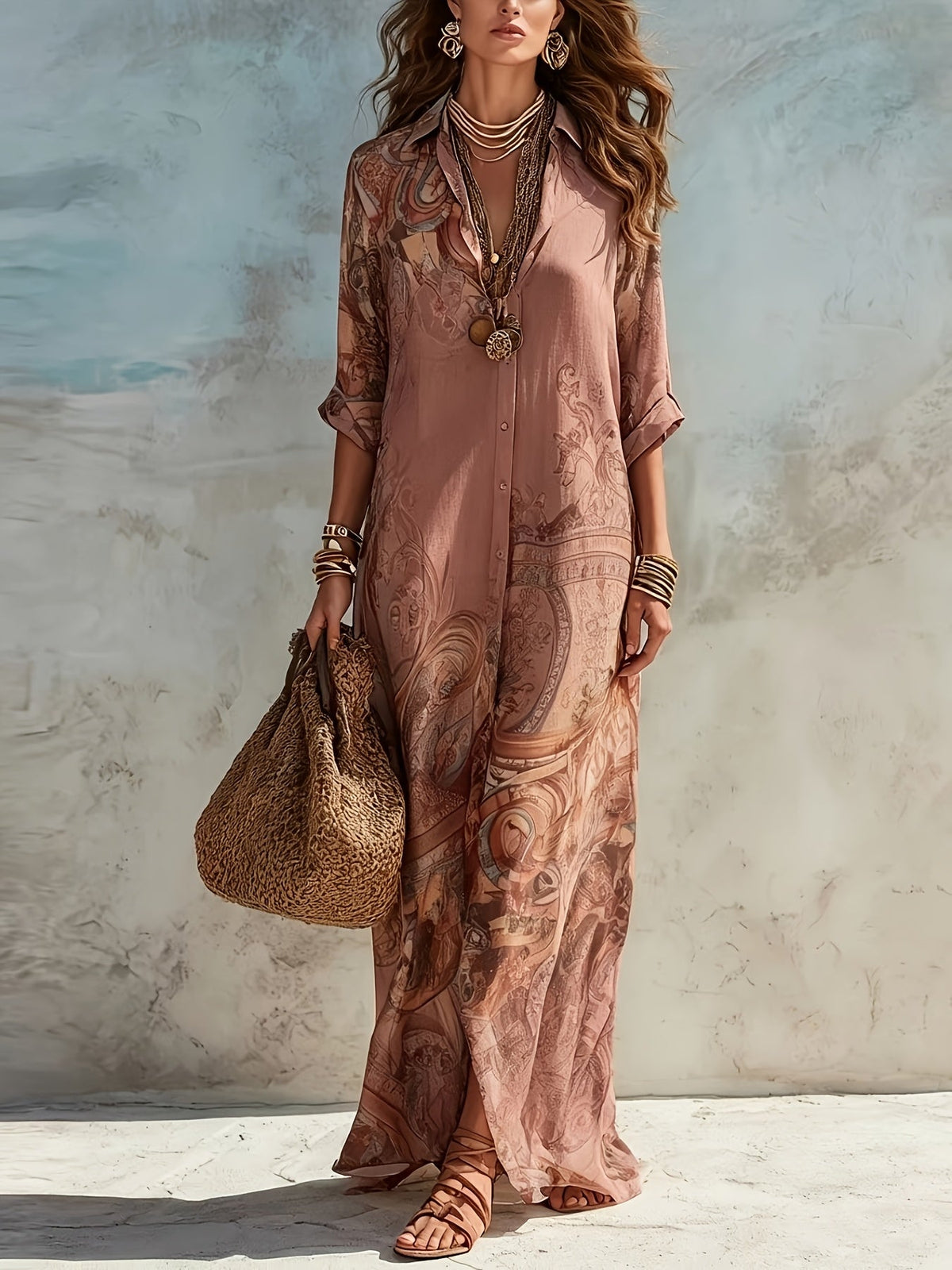 Women's Button-Front Floral Maxi Dress with Three-Quarter Sleeves - photo 3