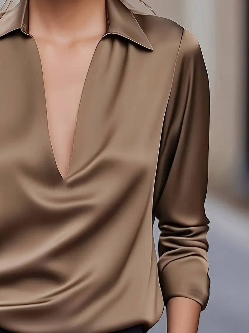 Women's V Neck Blouse with Satin Finish and Flowing Drape - photo 26