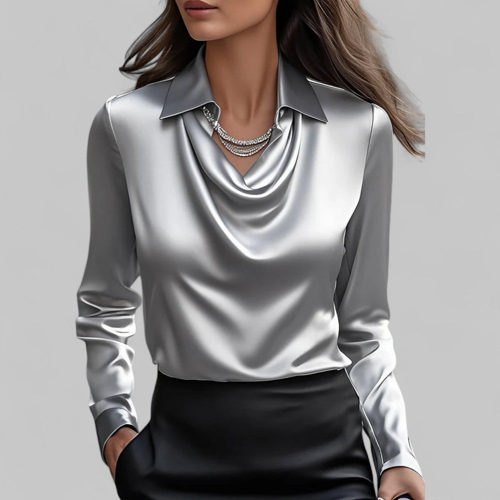 Rose | Women’s Draped Neck Long Sleeve Satin Blouses - photo 8