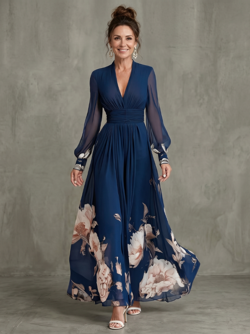 Antoinette - Women's Pleated Maxi Dress with Sheer Sleeves - photo 1