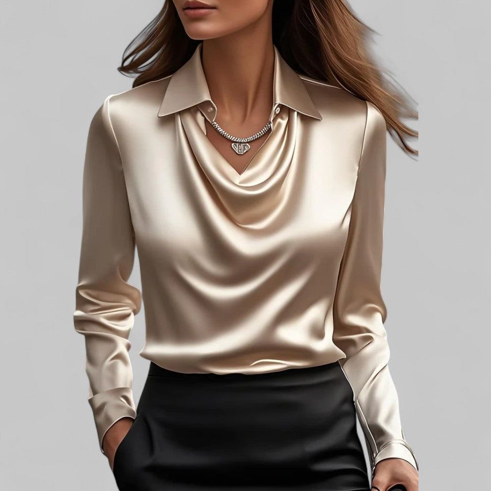 Rose | Women’s Draped Neck Long Sleeve Satin Blouses - photo 6