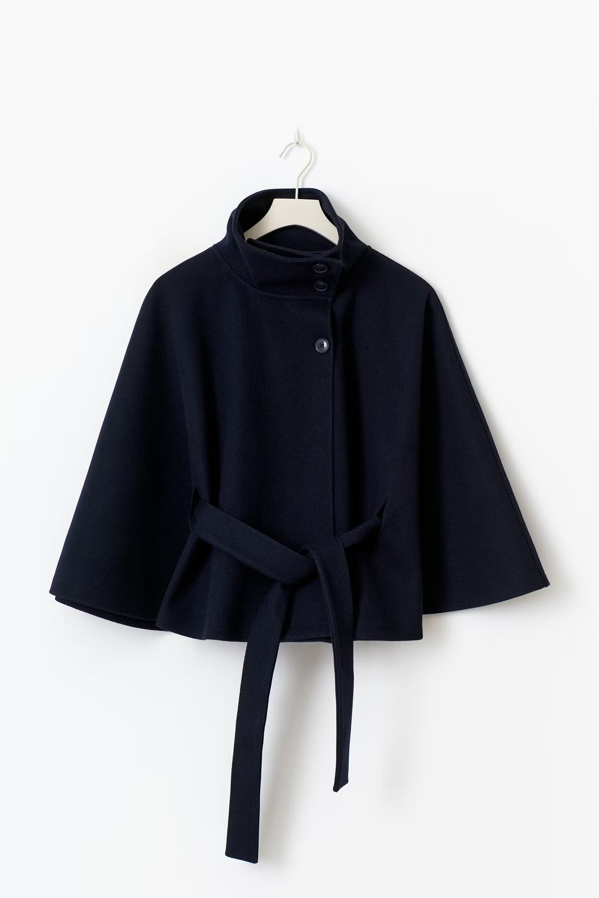 Women's Belted Wool Cape Coat with High Collar - Black