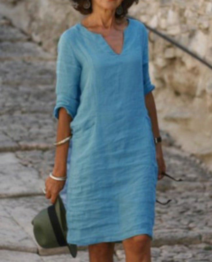 Women's Relaxed Fit Casual V-Neck Linen-Style Midi Dress for Summer - photo 5