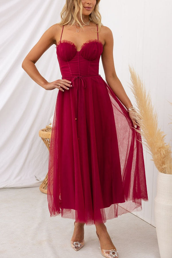 Women's Tulle Midi Dress with Spaghetti Straps