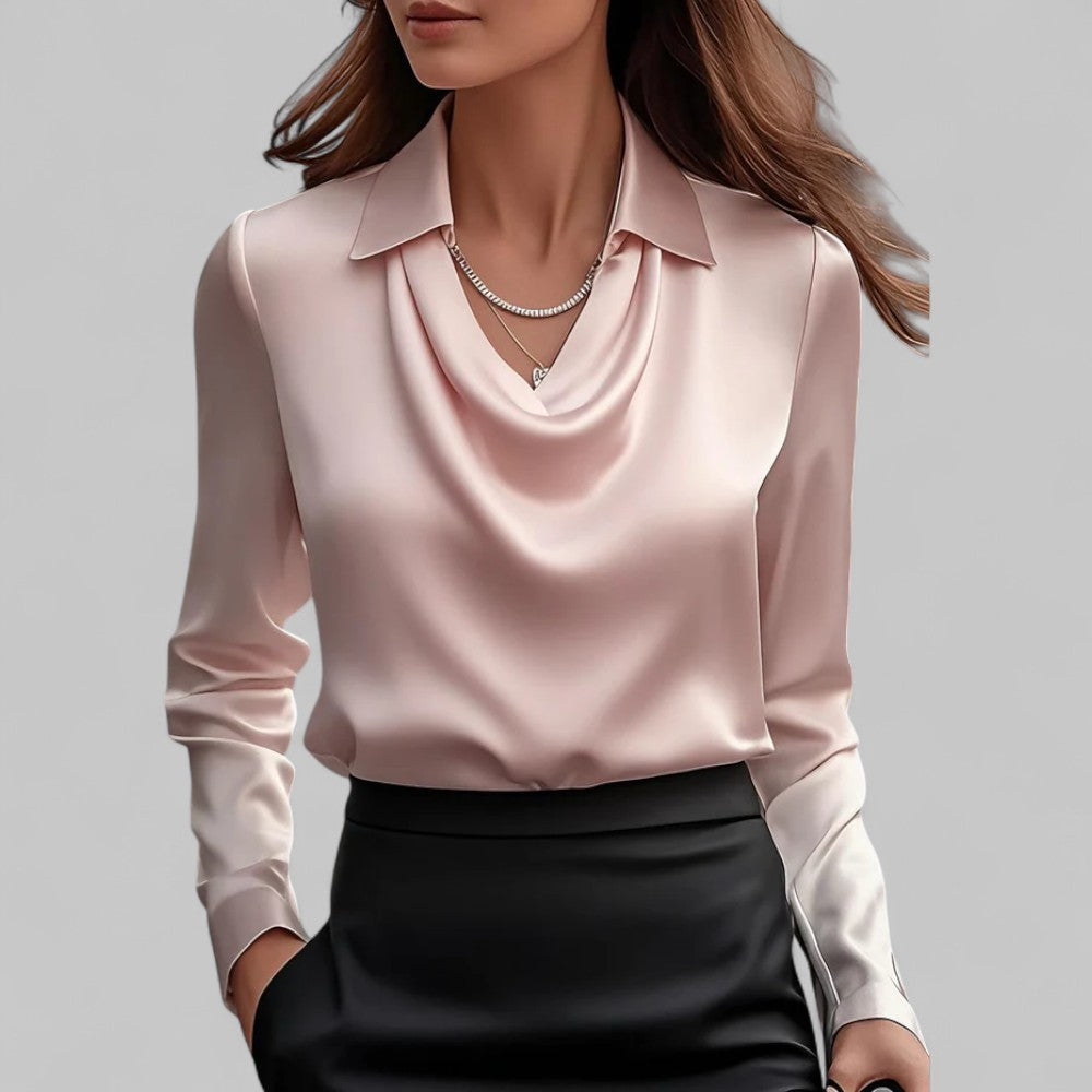 Rose | Women’s Draped Neck Long Sleeve Satin Blouses - photo 9