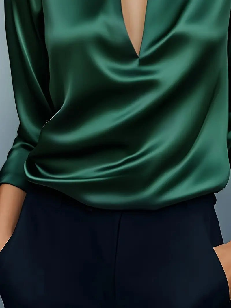 Women's V Neck Blouse with Satin Finish and Flowing Drape - photo 19