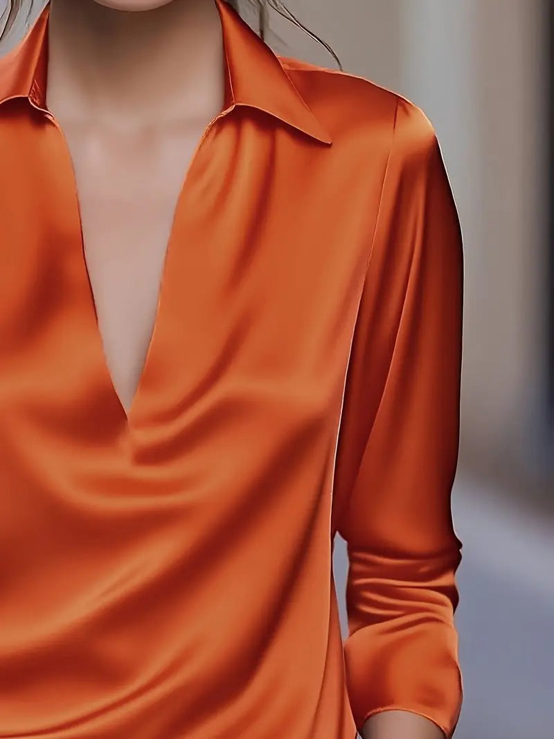 Women's V Neck Blouse with Satin Finish and Flowing Drape - photo 23