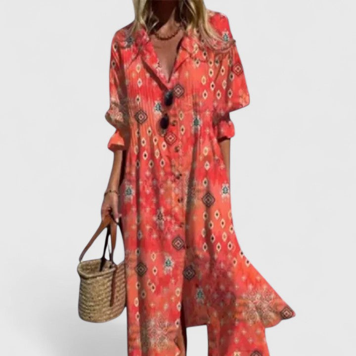 Women's Leaf Print Maxi Shirt Dress with Button Front - photo 4