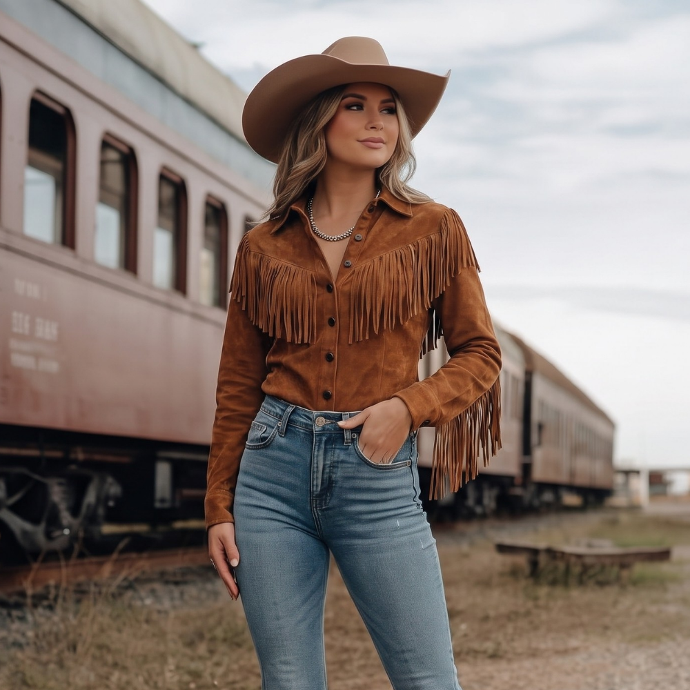 Demi - Women's Fringe Suede Shirt Jacket - photo 6