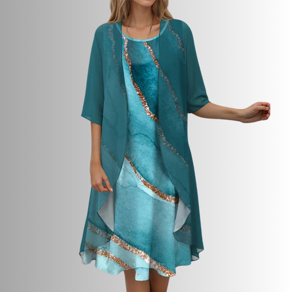 Women's Layered Floral Midi Dress with Sheer Duster Cardigan - photo 8