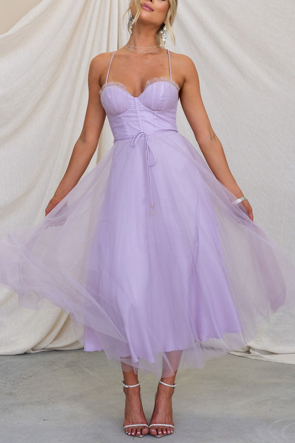 Women's Tulle Midi Dress with Spaghetti Straps