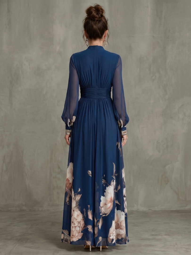 Ziva - Women's Pleated Maxi Dress with Sheer Sleeves - photo 4