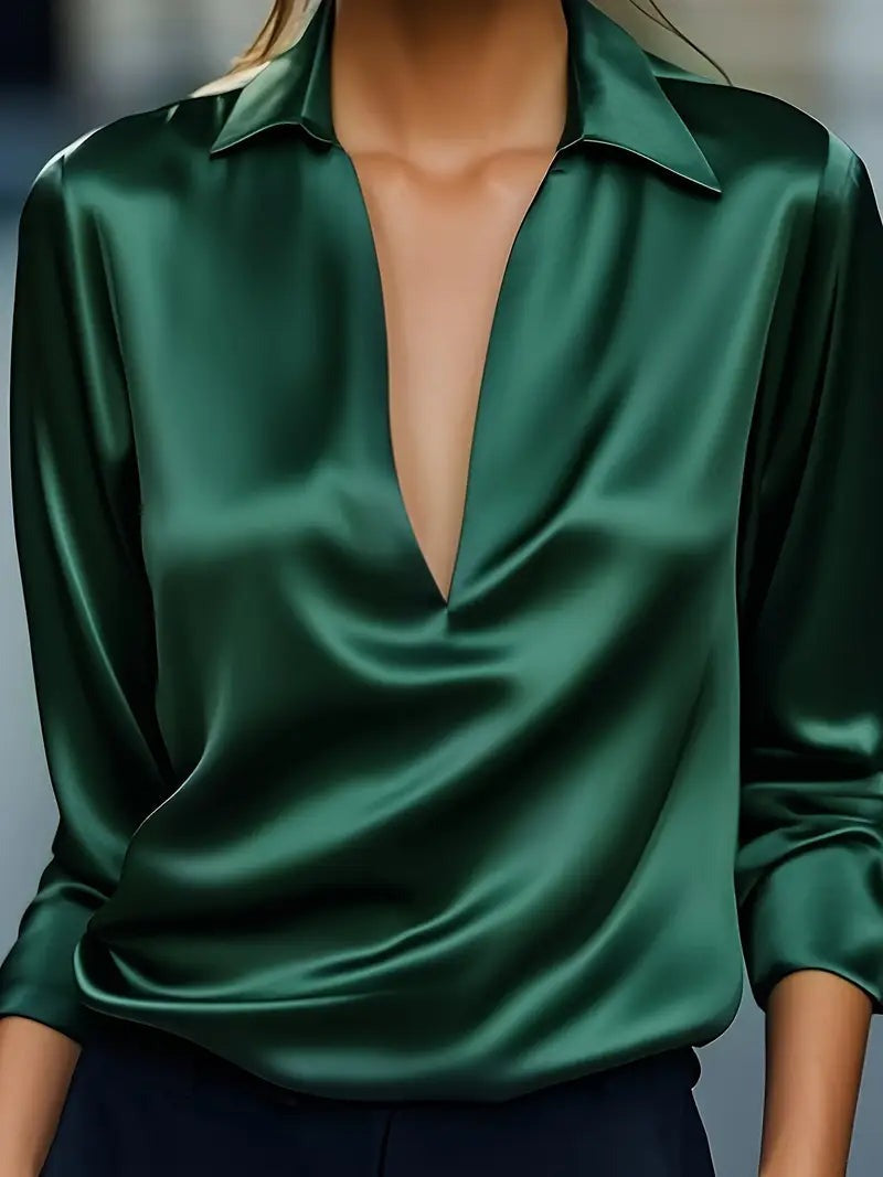 Women's V Neck Blouse with Satin Finish and Flowing Drape - photo 20
