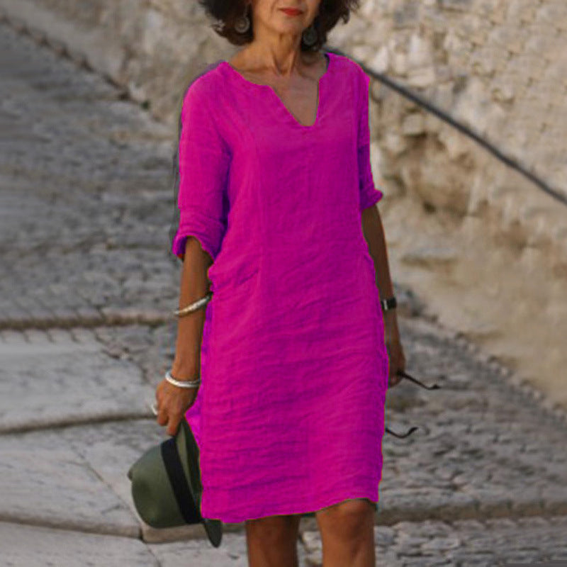 Women's Relaxed Fit Casual V-Neck Linen-Style Midi Dress for Summer - photo 3