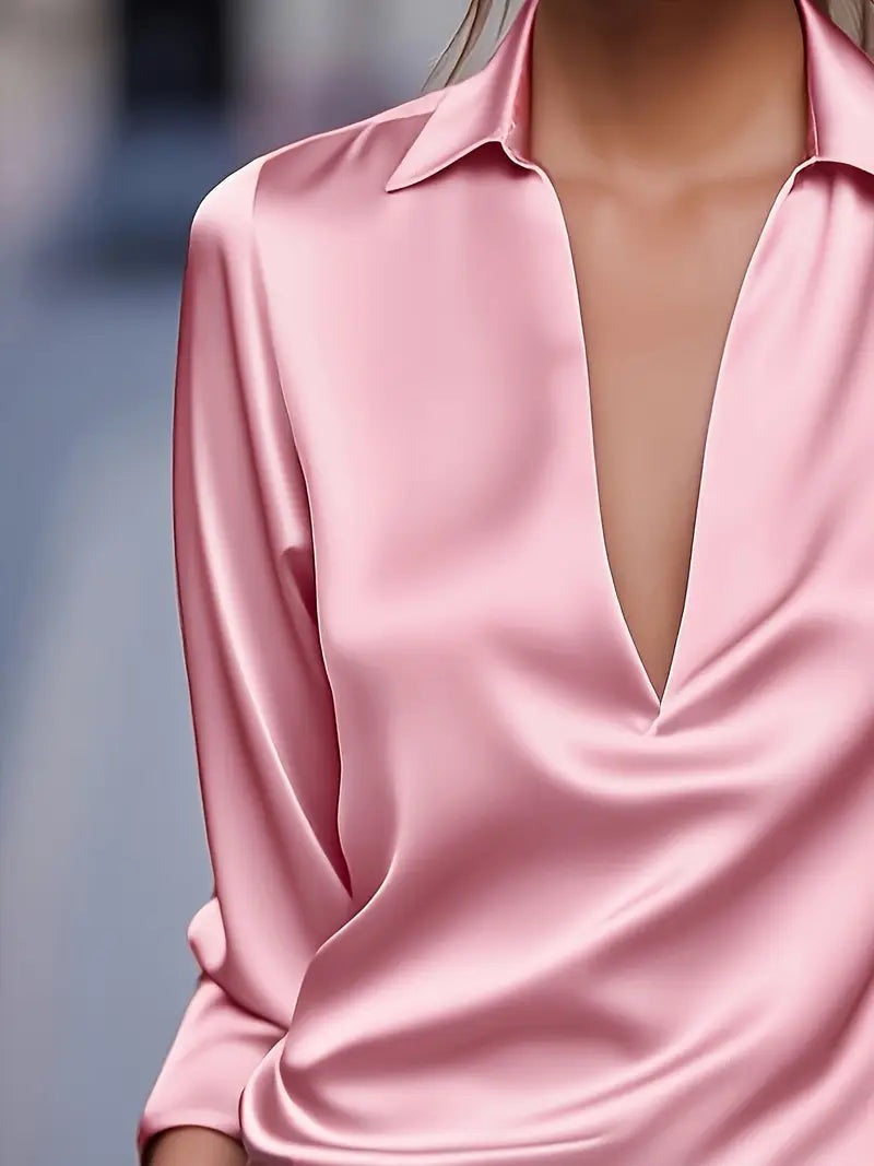Women's V Neck Blouse with Satin Finish and Flowing Drape - photo 14
