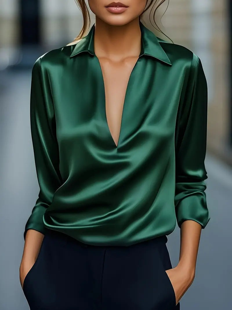 Women's V Neck Blouse with Satin Finish and Flowing Drape - photo 3