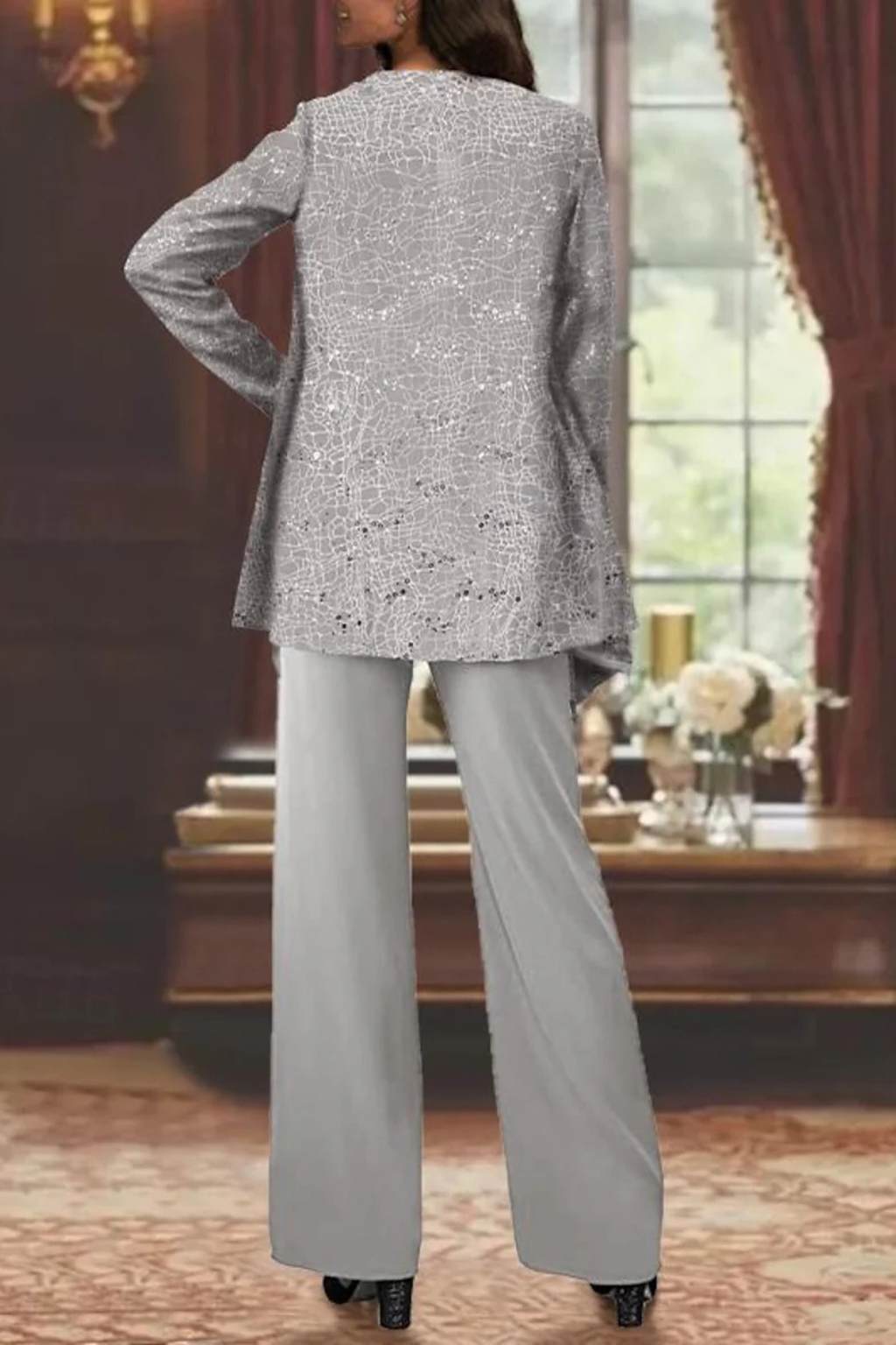 Women's Sequin Lace Three Piece Trouser Suit Wide Leg - photo 4