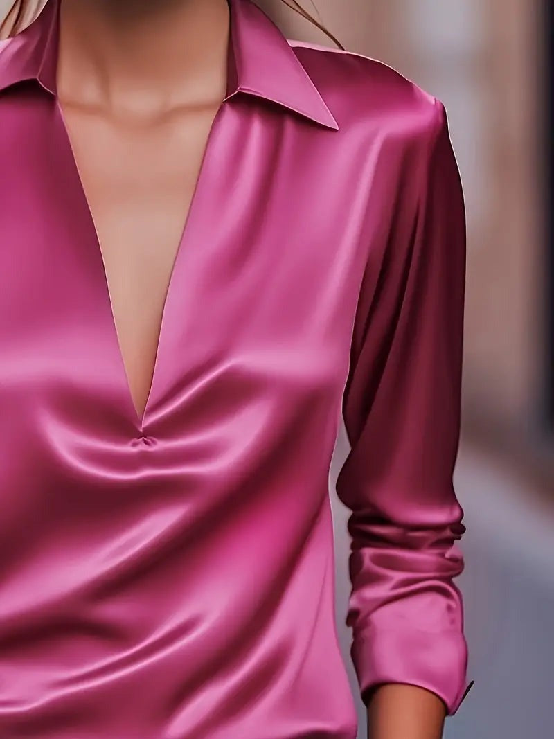 Women's V Neck Blouse with Satin Finish and Flowing Drape - photo 17