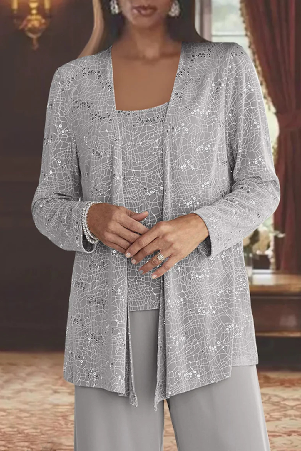 Women's Sequin Lace Three Piece Trouser Suit Wide Leg - photo 3