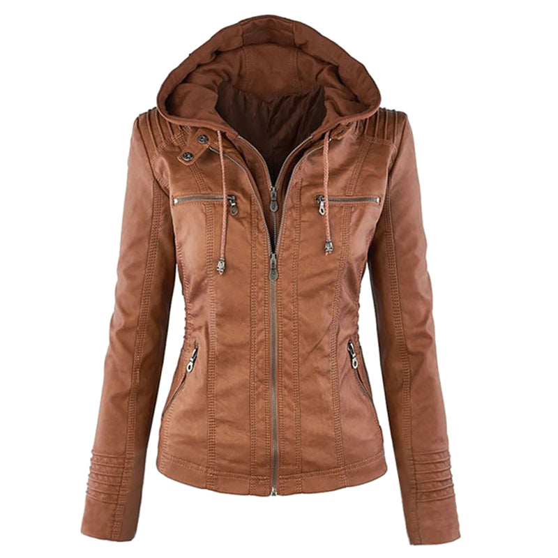 Women's Leather Moto Jacket with Hood - photo 1