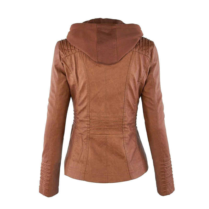 Women's Leather Moto Jacket with Hood - photo 6