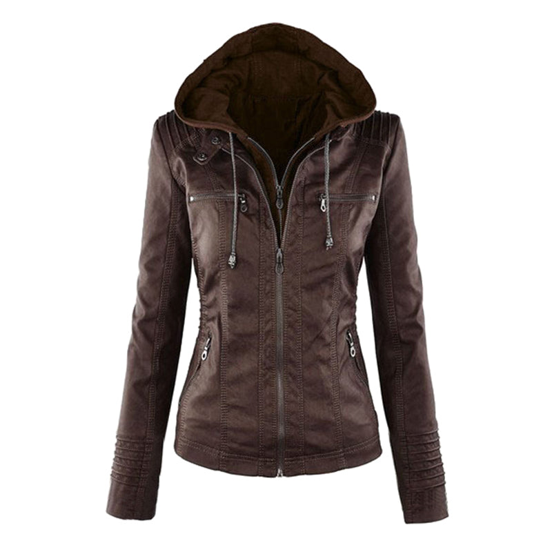 Women's Leather Moto Jacket with Hood - photo 2