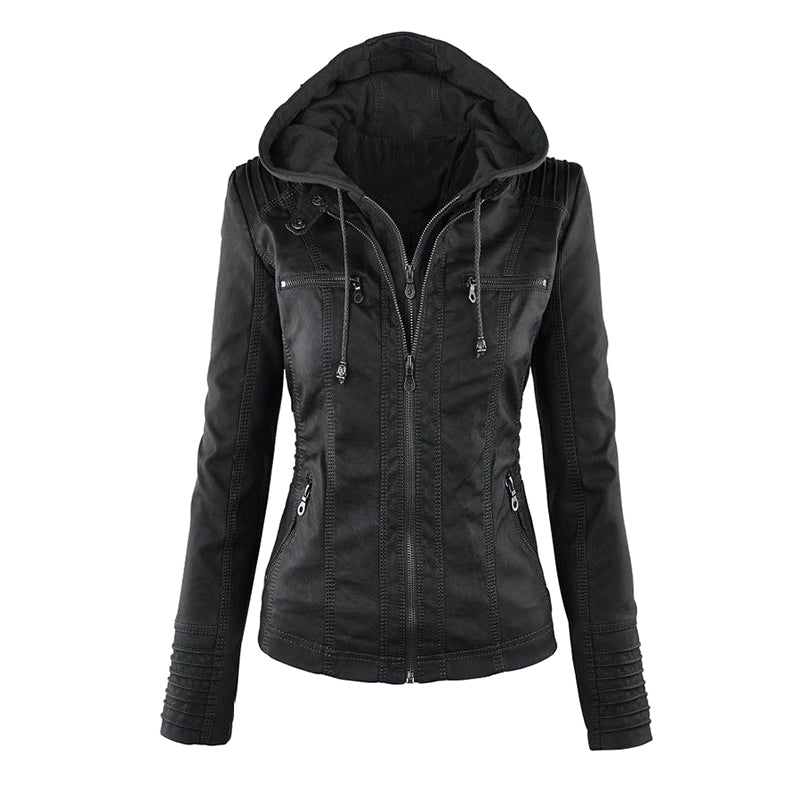 Women's Leather Moto Jacket with Hood - photo 3