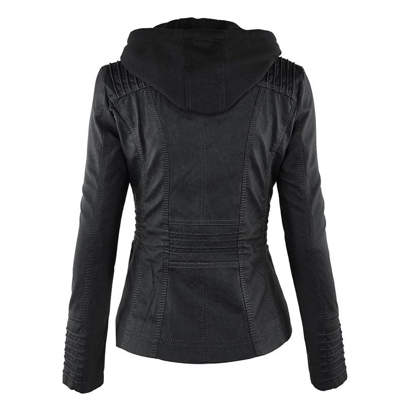 Women's Leather Moto Jacket with Hood - photo 9