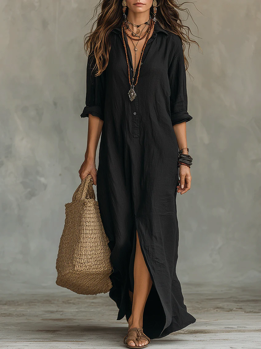 Women's Black Maxi Dress with Button Front and Fluid Cut - photo 1