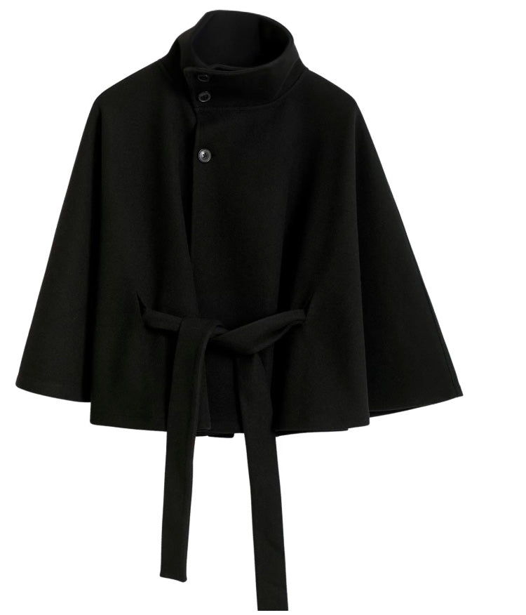 Women's Belted Wool Cape Coat with High Collar - Blue