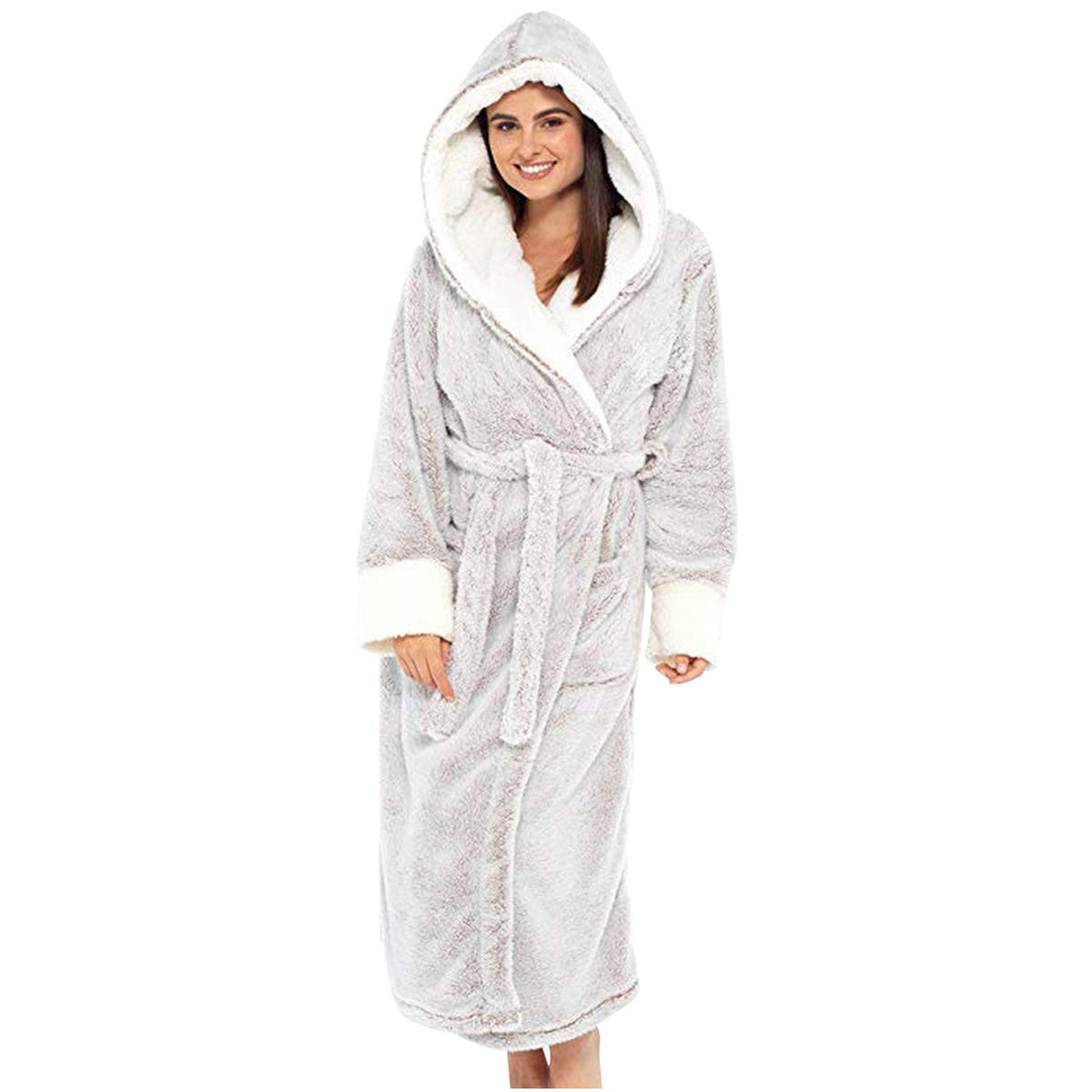 Women's Fleece Hooded Bathrobe with Tie Belt