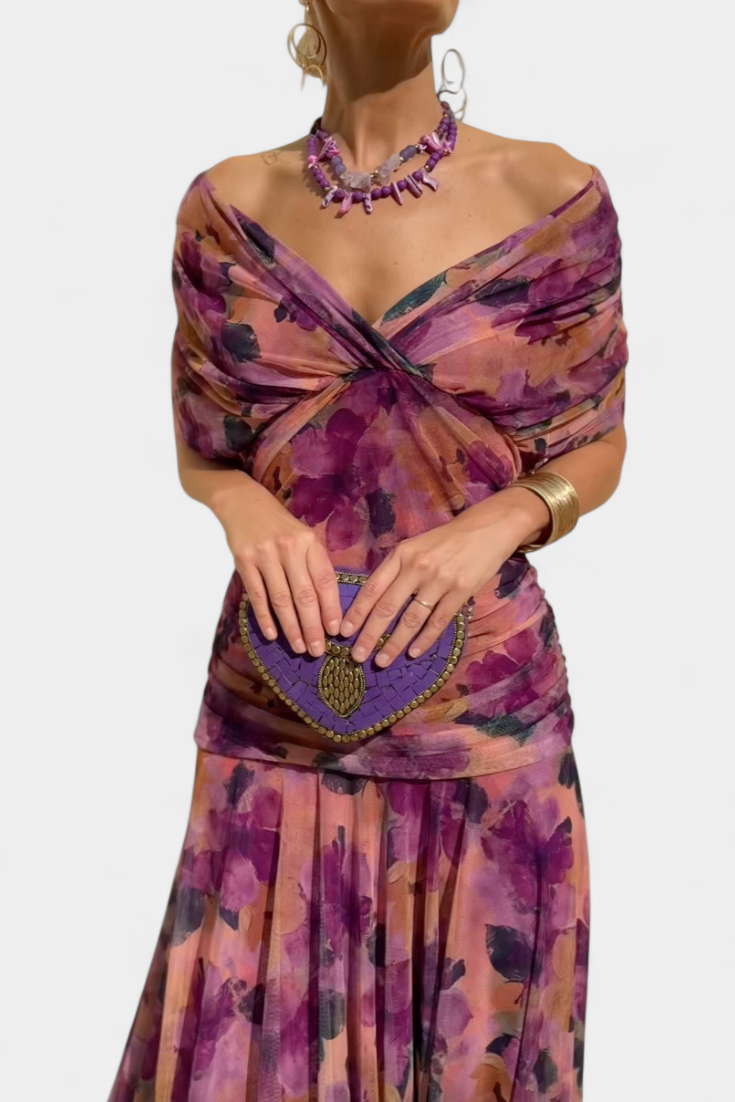 Women's Off-Shoulder Ruched Floral Midi Dress - photo 3