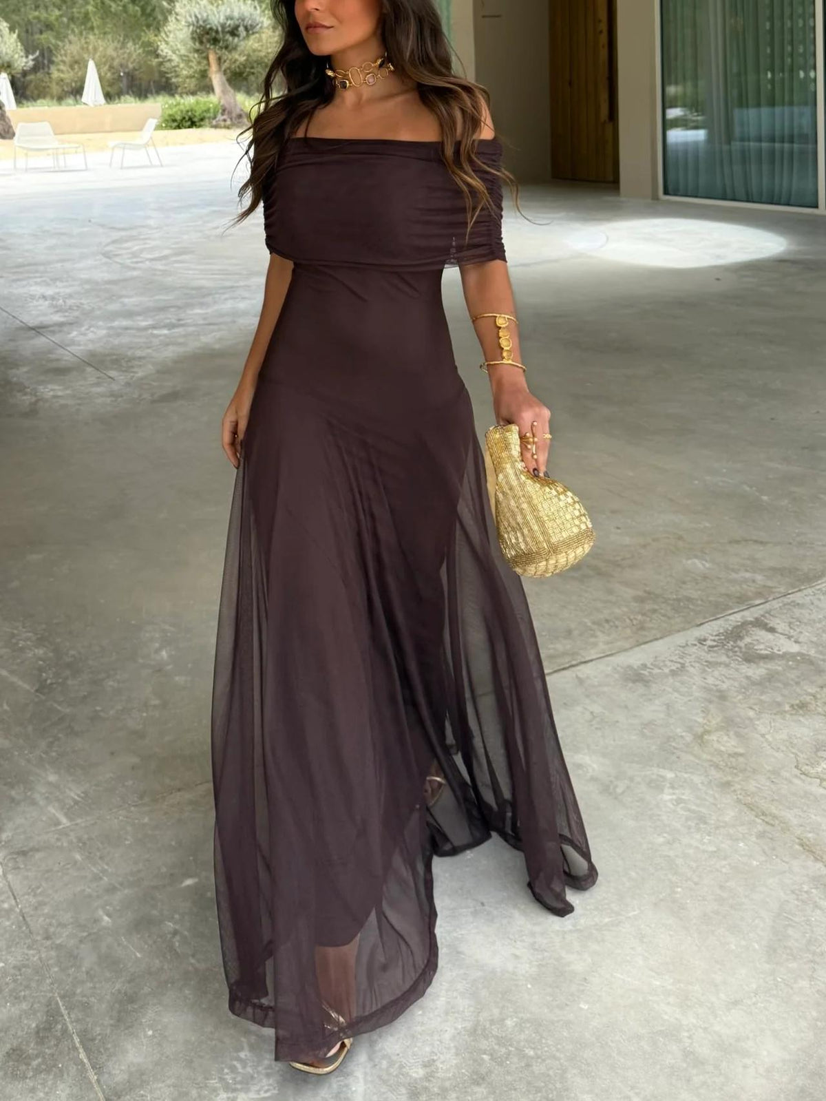 Maxi Wedding Guest Dress with Mesh Overlay - photo 1