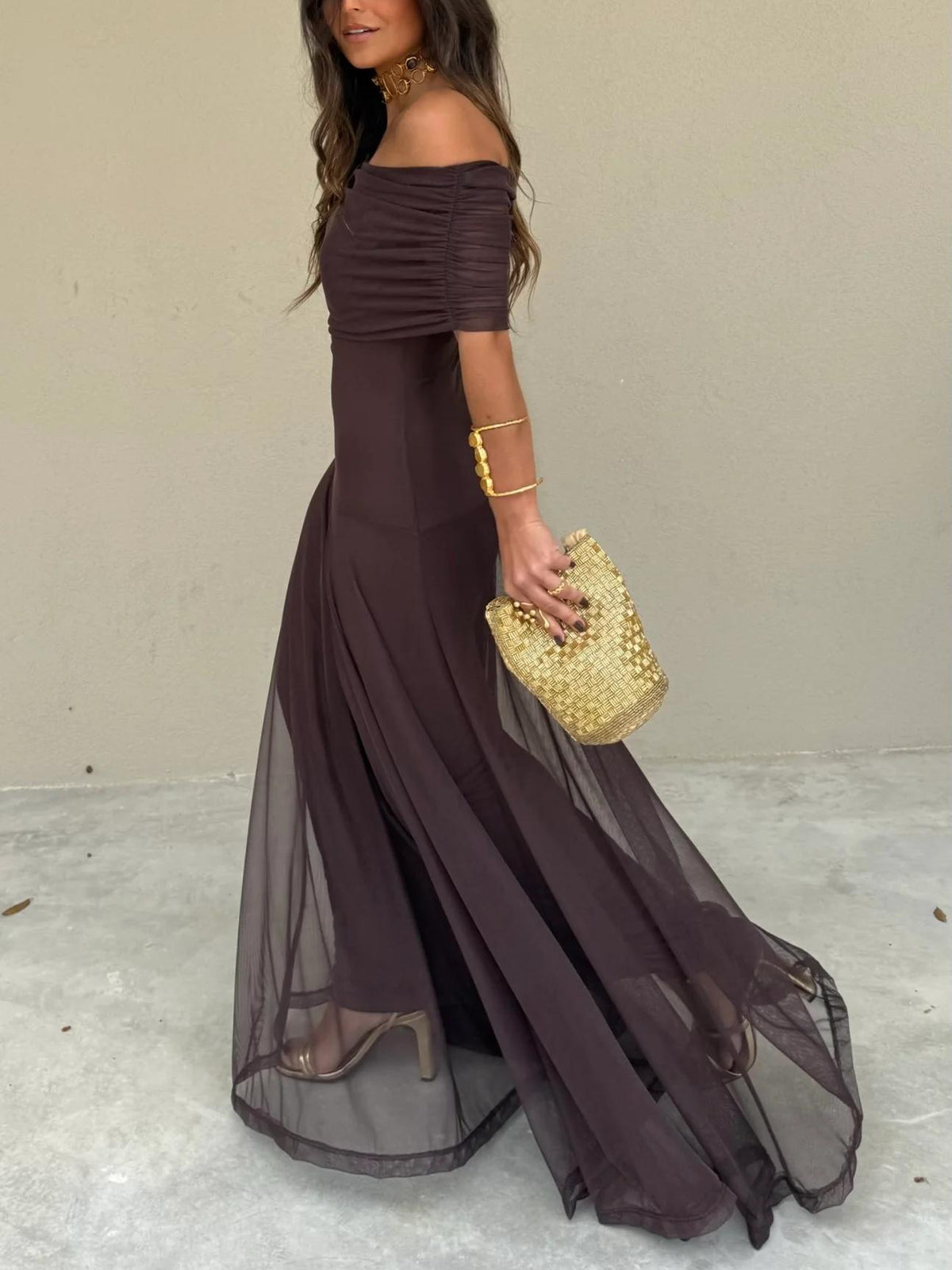 Maxi Wedding Guest Dress with Mesh Overlay - photo 4