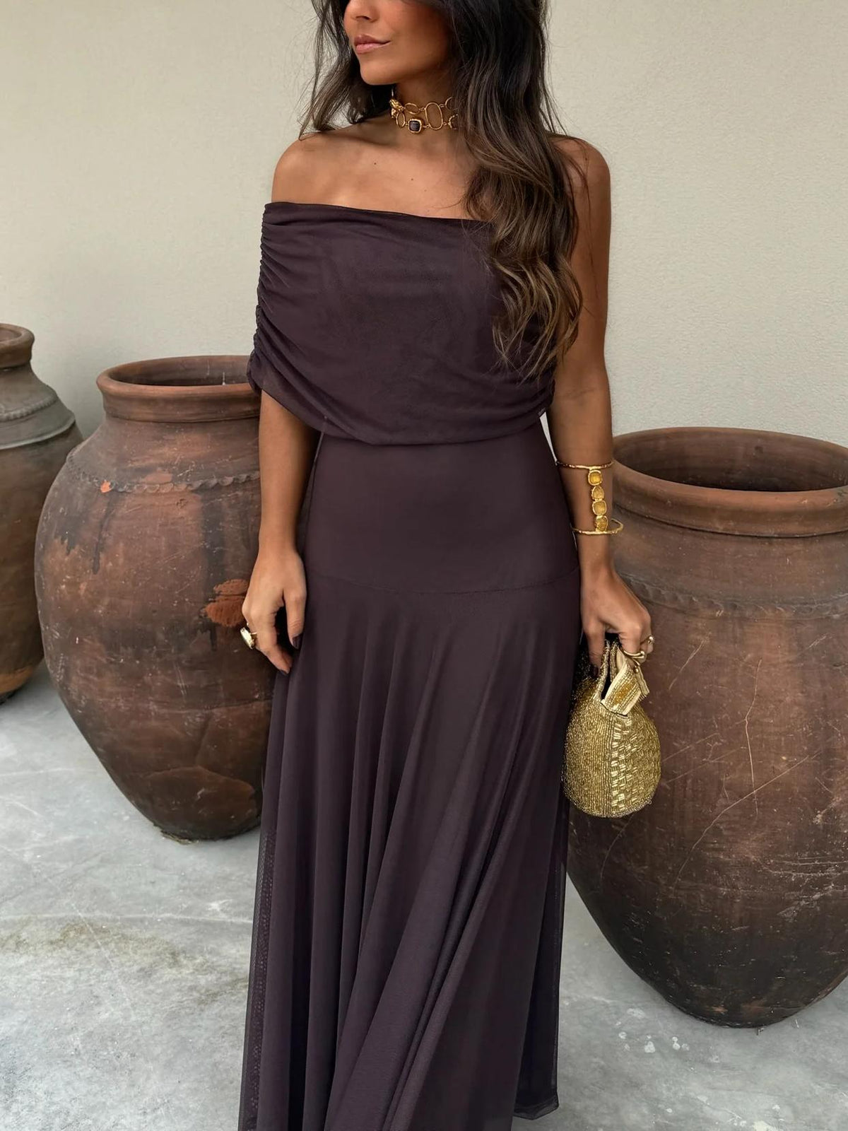 Maxi Wedding Guest Dress with Mesh Overlay - photo 9