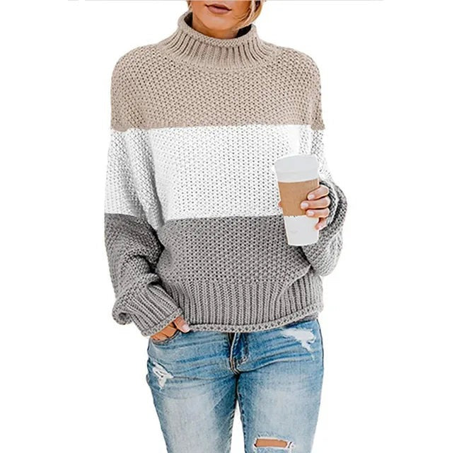 Women's Eleanor - Elegant Turtleneck Sweater - Khaki / White / Grey