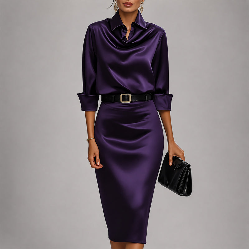 Victoria - Women's Draped Cowl Neck Satin Midi Dress - photo 3