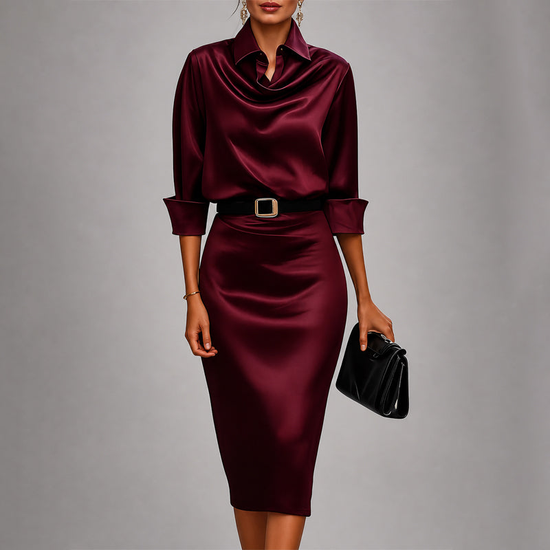 Victoria - Women's Draped Cowl Neck Satin Midi Dress - photo 4