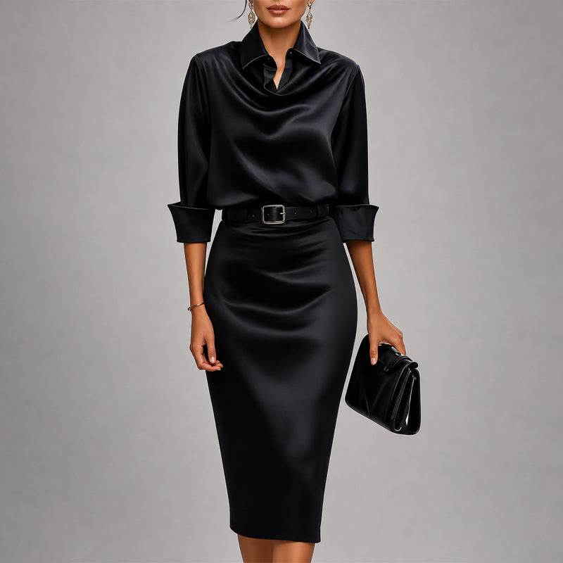 Victoria - Women's Draped Cowl Neck Satin Midi Dress - photo 5