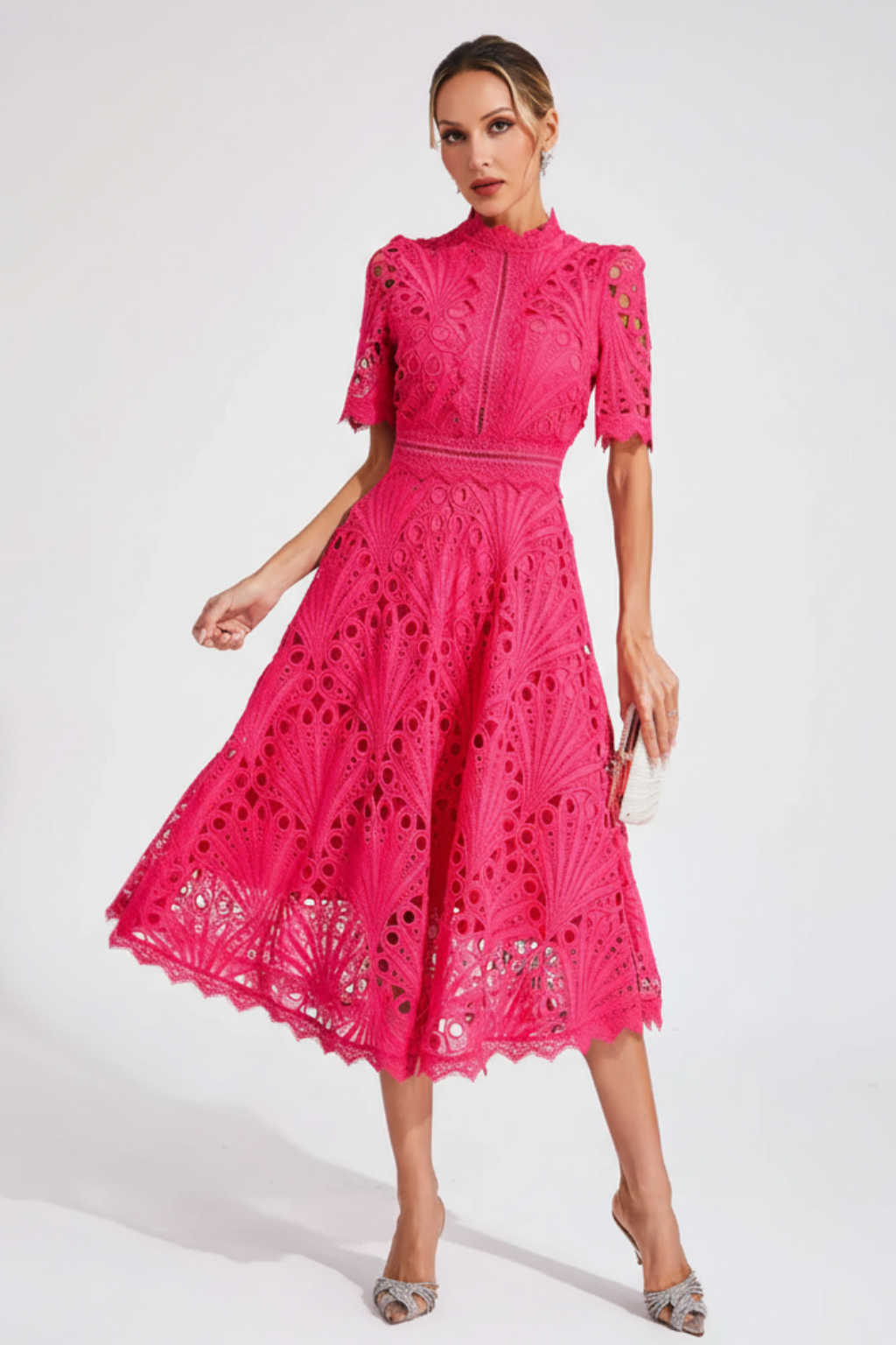 Women’s Elegant Lace Bodycon Midi Dress High Neck Short Sleeve Party Outfit - photo 1
