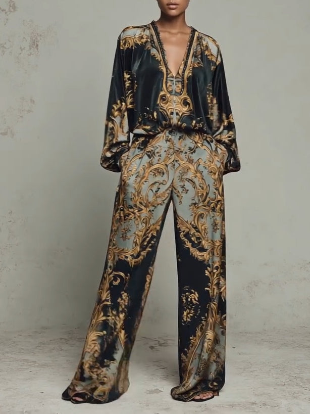 Women's Baroque Floral Velvet Two-Piece Set with Wide-Leg Trousers - photo 2