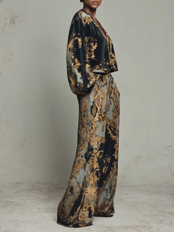 Women's Baroque Floral Velvet Two-Piece Set with Wide-Leg Trousers - photo 3