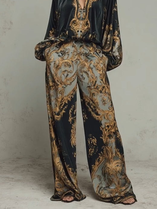 Women's Baroque Floral Velvet Two-Piece Set with Wide-Leg Trousers - photo 5