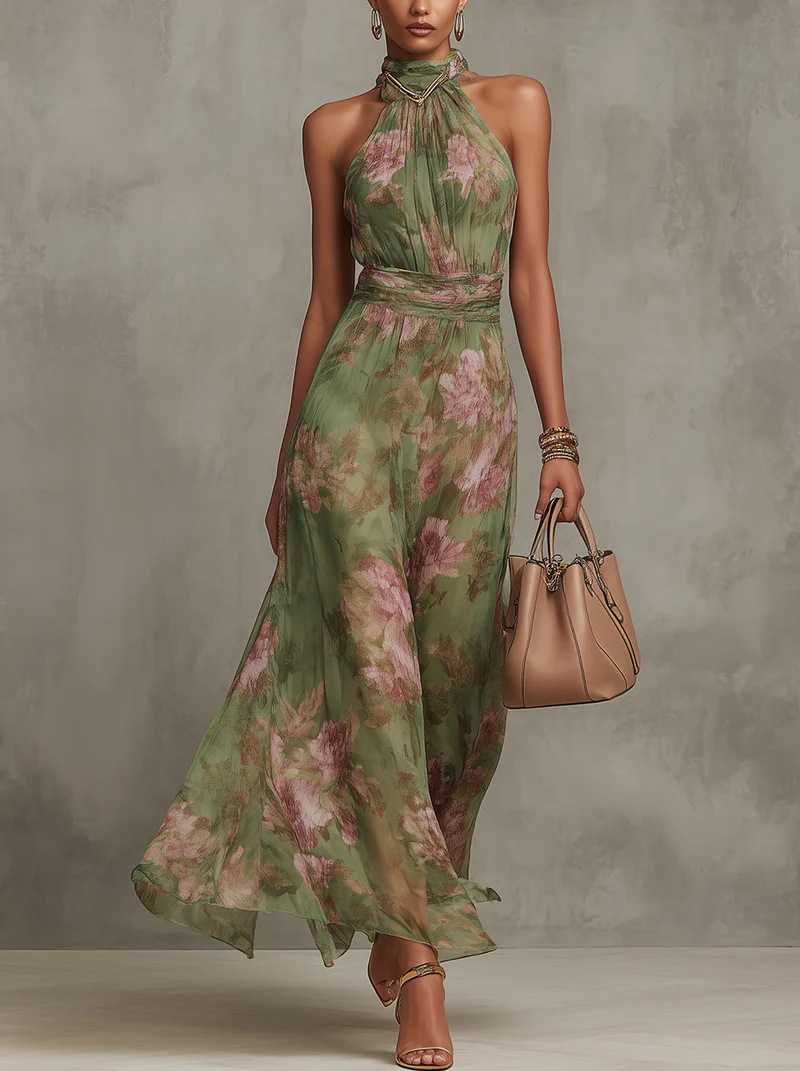 Aurelia - Women's Floral Halter Neck Maxi Dress