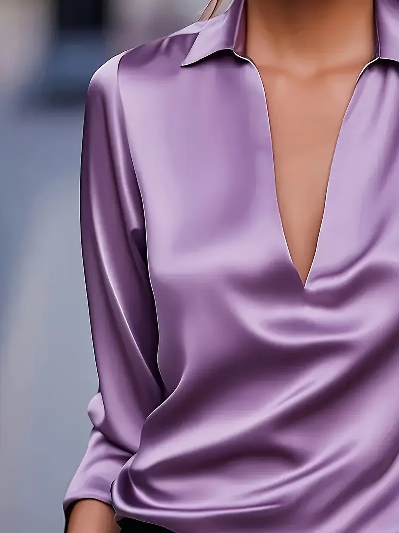 Women's V Neck Blouse with Satin Finish and Flowing Drape - photo 30